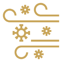 Stylized wind and snowflakes on black background.