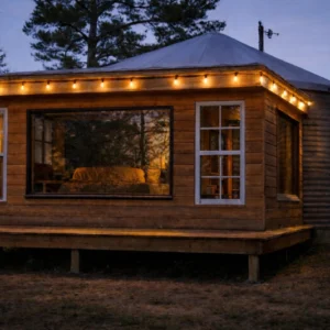 Cozy wooden cabin illuminated by warm string lights at dusk.