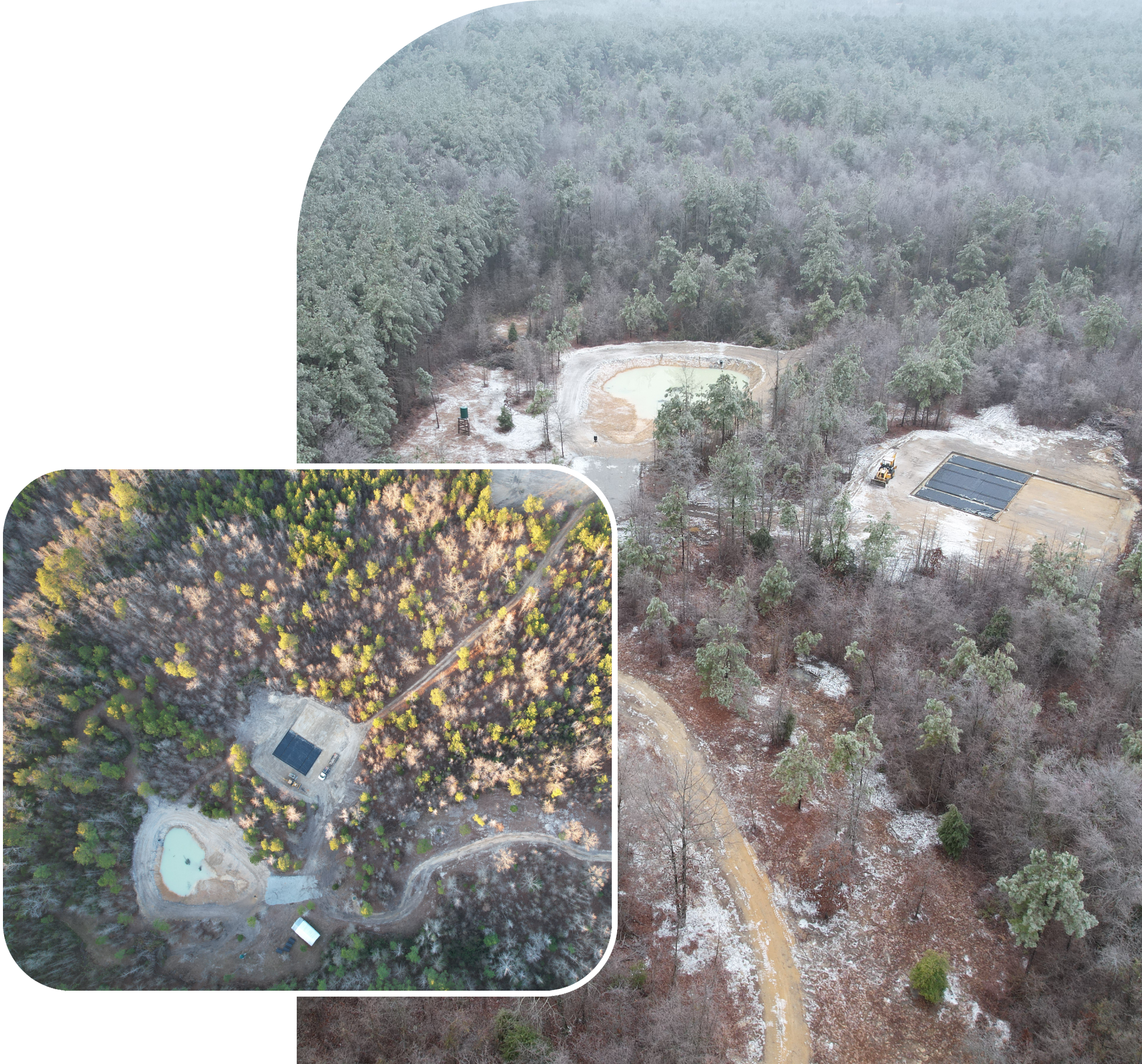 Aerial view of a secluded property surrounded by dense forest.