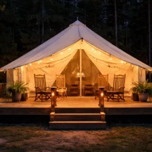 A cozy, illuminated glamping tent with wooden stairs and chairs.