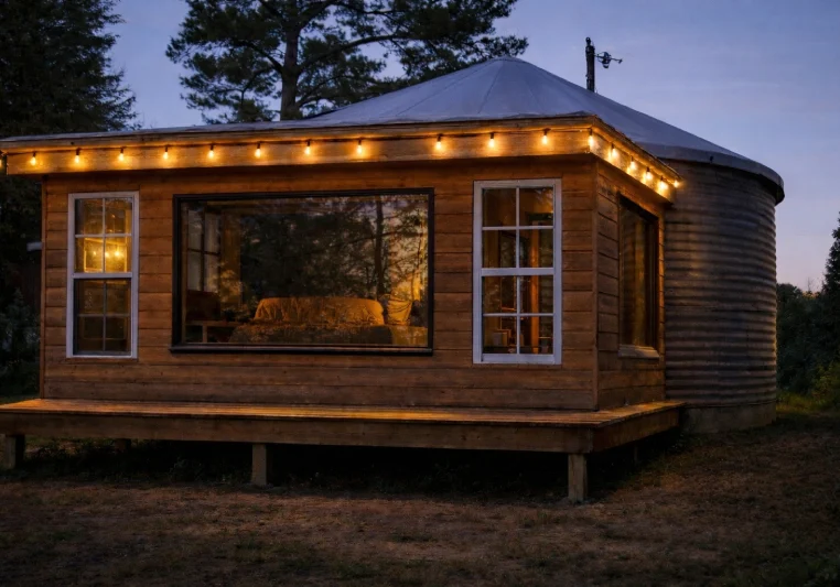 Cozy wooden cabin illuminated by warm string lights at dusk.