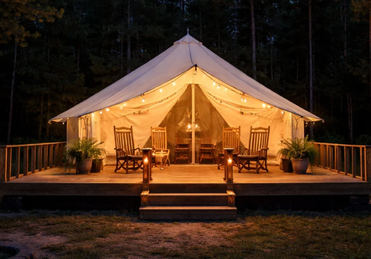 A cozy, illuminated glamping tent with wooden stairs and chairs.